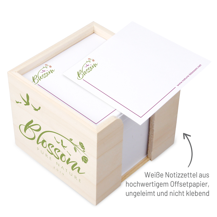 Zettelbox  aus echtem Holz 10 x 10 x 8,5 cm Siebdruck